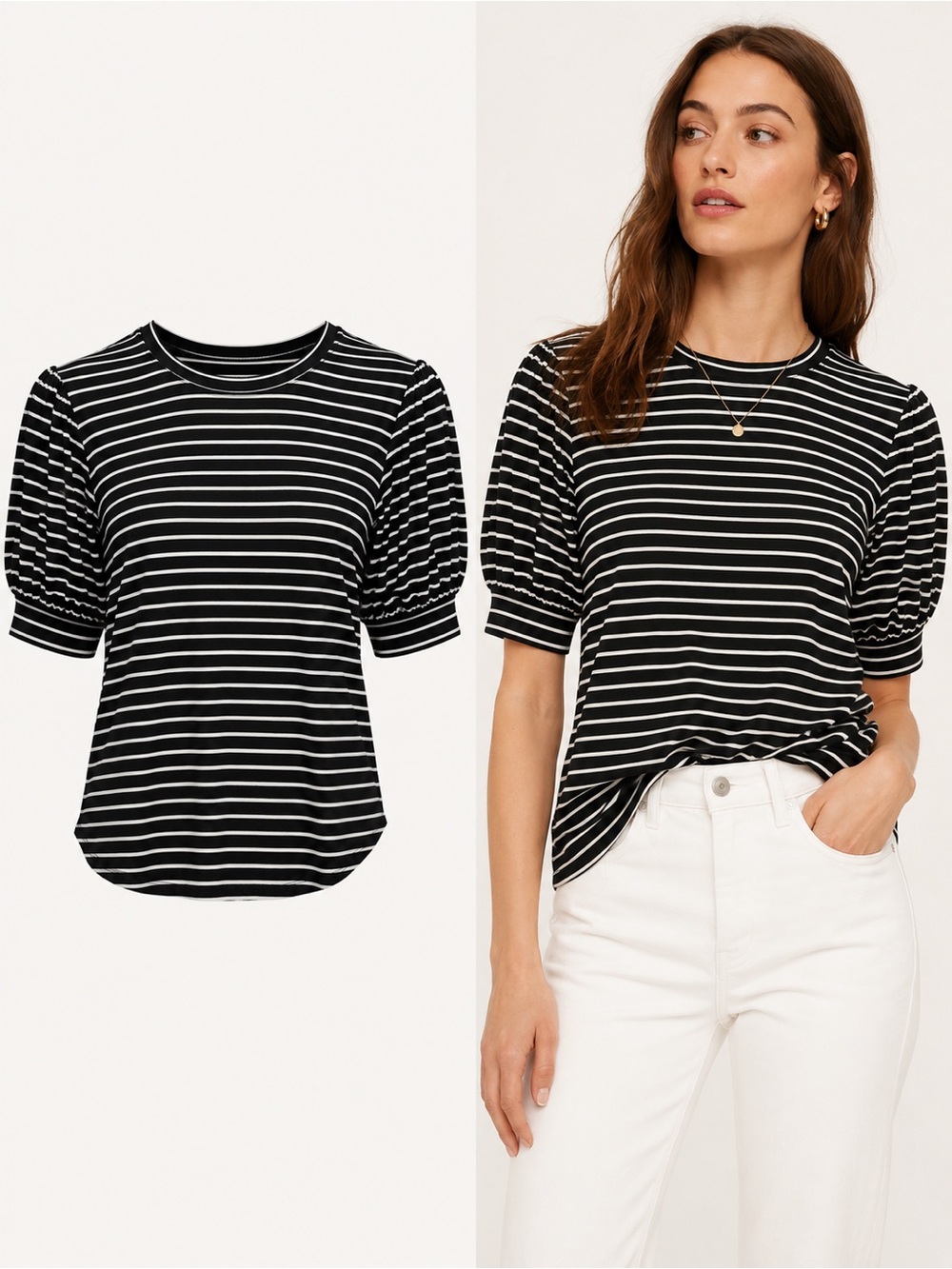 FRAME Black White Striped Puff Sleeve Knit Top Women’s L NWT